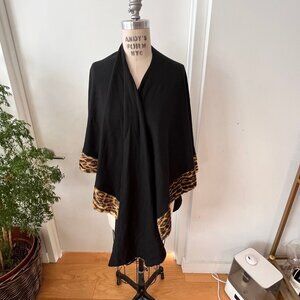 ADRIENNE LANDAU Black Wool Cape with Faux Leopard  Trim O/S